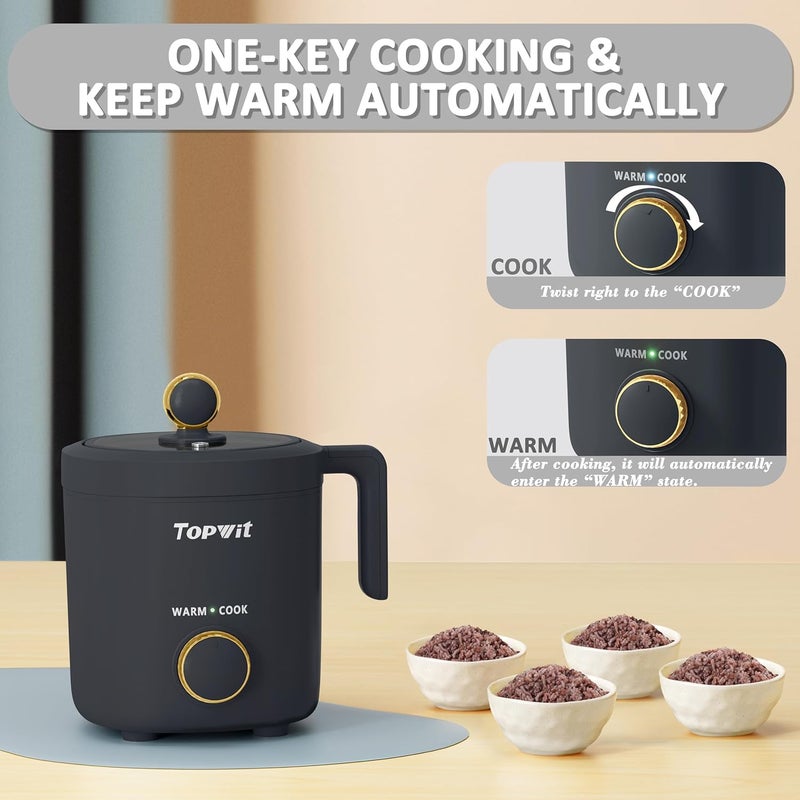 TopWit Rice Cooker Small, Mini Rice Cooker 2 Cups Uncooked, 1.2L Portable Rice Maker with Non-stick Coating, BPA Free, One Touch & Keep Warm Function, Grey - Image 5